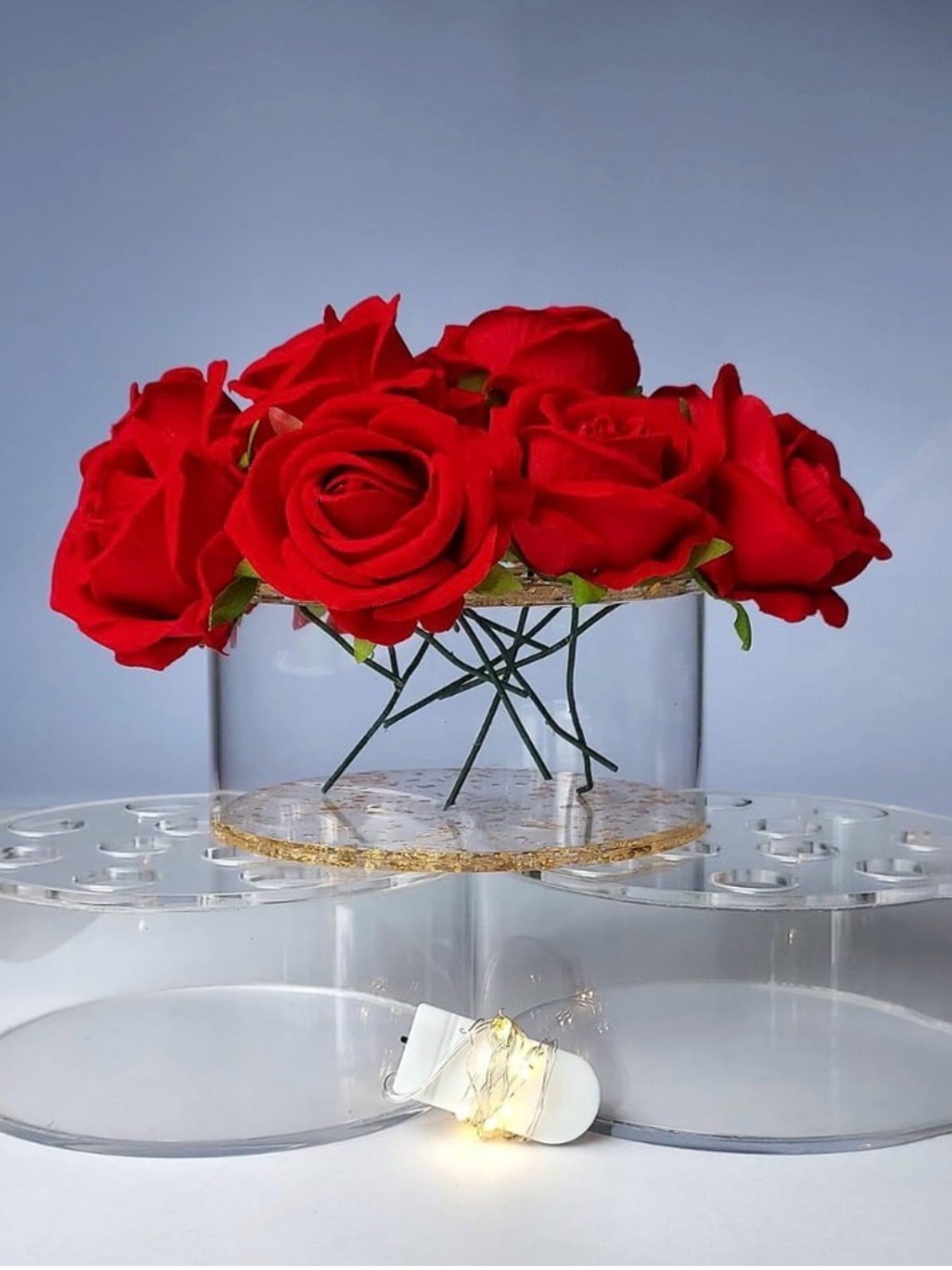 Red Artificial Rose Centerpiece in Clear Glass Vase -